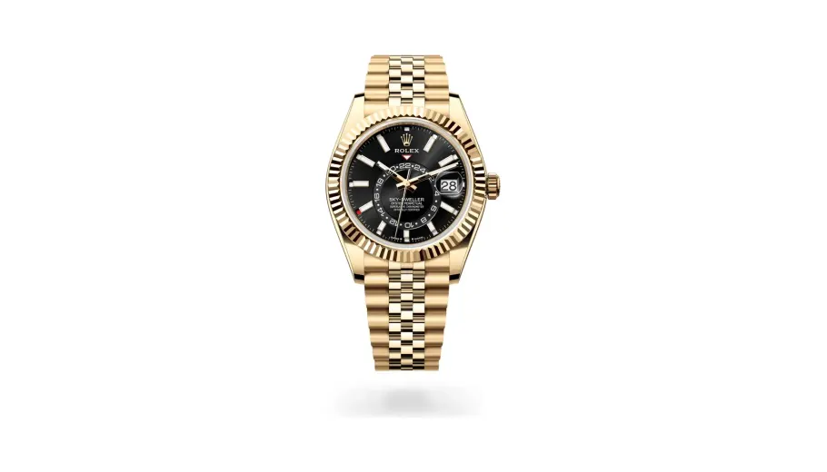 Rolex Oyster Perpetual Sky-Dweller, 42 mm, 18 kt yellow gold, 18 kt yellow gold, Bright black dial