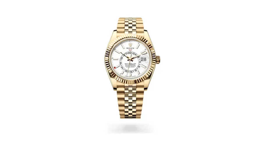 Rolex Oyster Perpetual Sky-Dweller, 42 mm, 18 kt yellow gold, 18 kt yellow gold, Intense white dial
