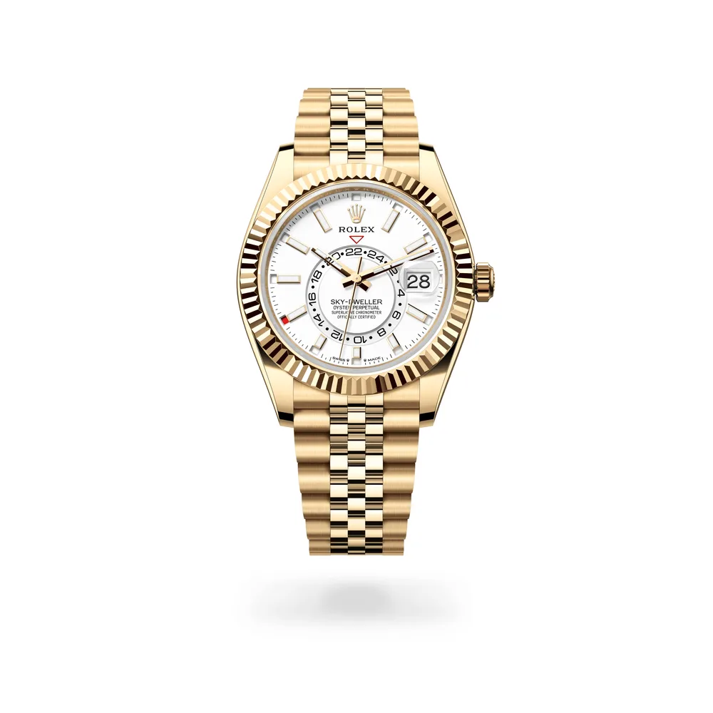 Rolex Oyster Perpetual Sky-Dweller, 42 mm, 18 kt yellow gold, 18 kt yellow gold, Intense white dial