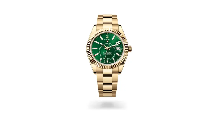 Rolex Oyster Perpetual Sky-Dweller, 42 mm, 18 kt yellow gold, 18 kt yellow gold, Bright green dial