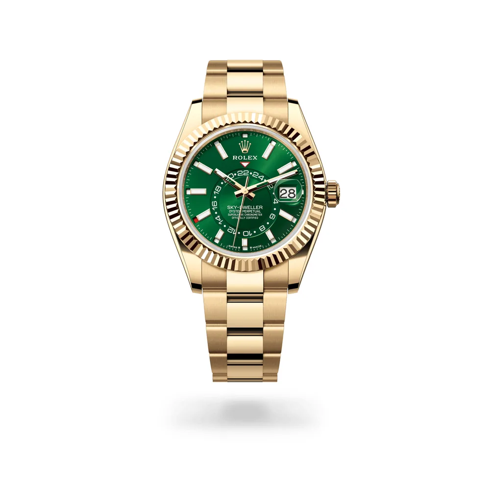 Rolex Oyster Perpetual Sky-Dweller, 42 mm, 18 kt yellow gold, 18 kt yellow gold, Bright green dial