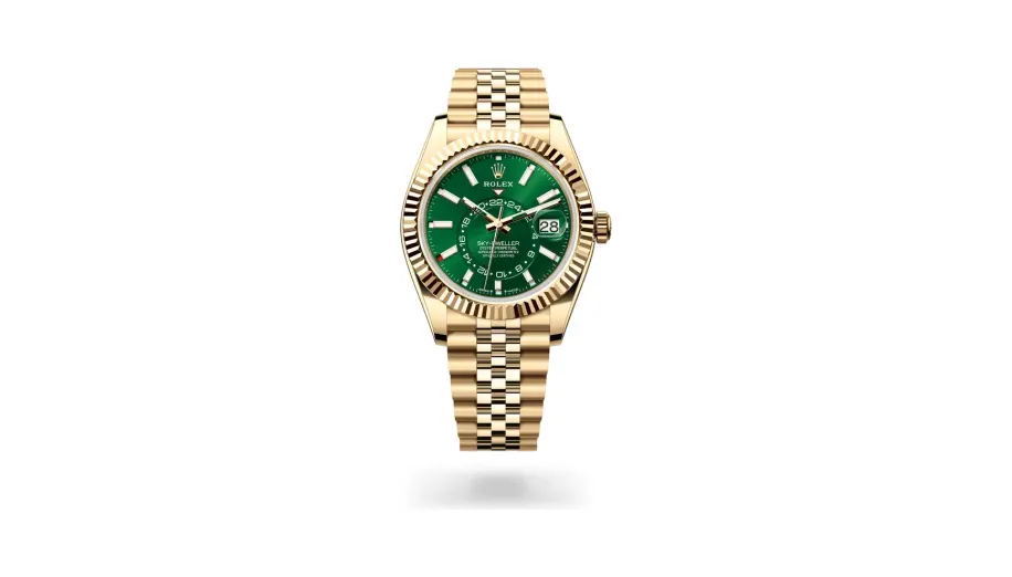 Rolex Oyster Perpetual Sky-Dweller, 42 mm, 18 kt yellow gold, 18 kt yellow gold, Bright green dial