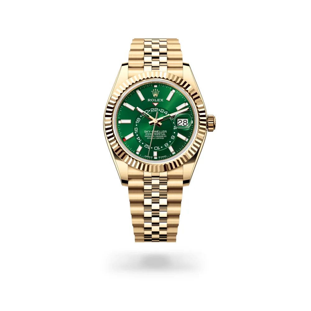 Rolex Oyster Perpetual Sky-Dweller, 42 mm, 18 kt yellow gold, 18 kt yellow gold, Bright green dial