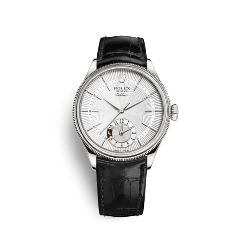 Rolex Cellini Dual Time White Gold / Silver / Alligator Black