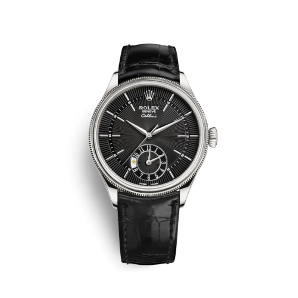 Rolex Cellini Dual Time White Gold / Black / Alligator Black