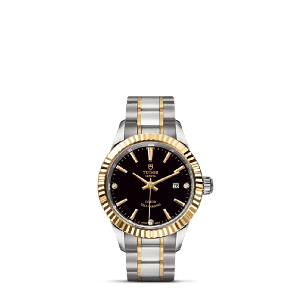 Tudor Style 28 Stainless Steel / Yellow Gold / Fluted / Black-Diamond / Bracelet