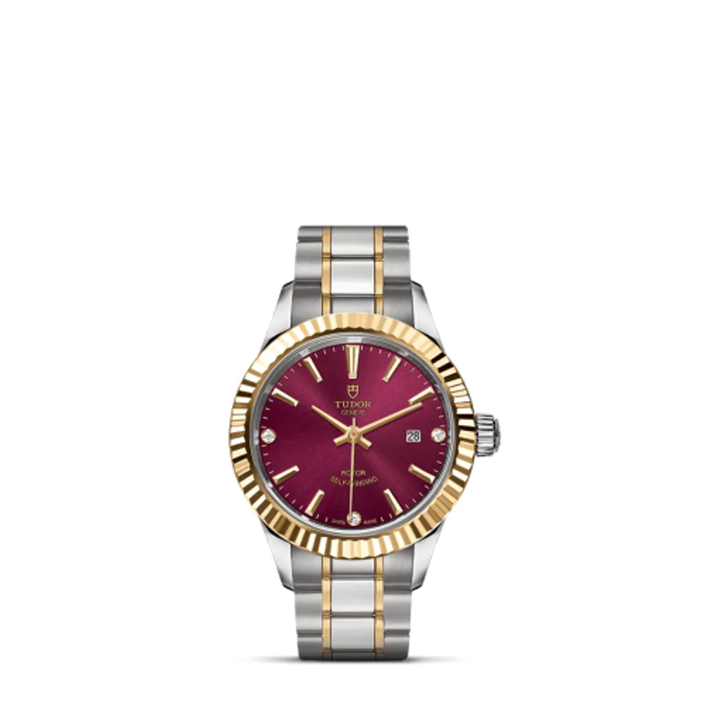 Tudor Style 28 Stainless Steel / Yellow Gold / Fluted / Burgundy-Diamond / Bracelet
