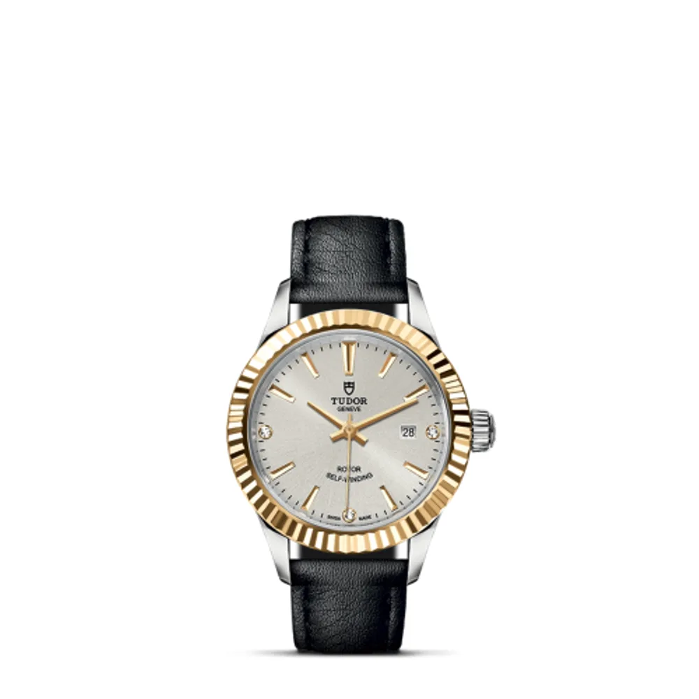 Tudor Style 28 Stainless Steel / Yellow Gold / Fluted / Silver-Diamond / Strap