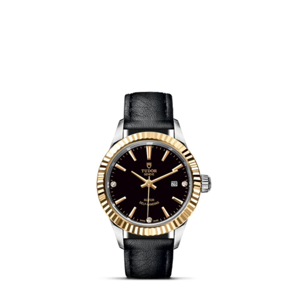 Tudor Style 28 Stainless Steel / Yellow Gold / Fluted / Black-Diamond / Strap