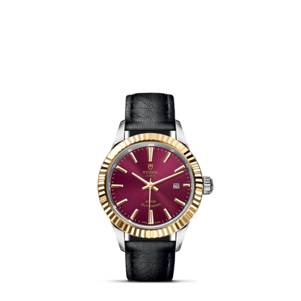 Tudor Style 28 Stainless Steel / Yellow Gold / Fluted / Burgundy / Strap