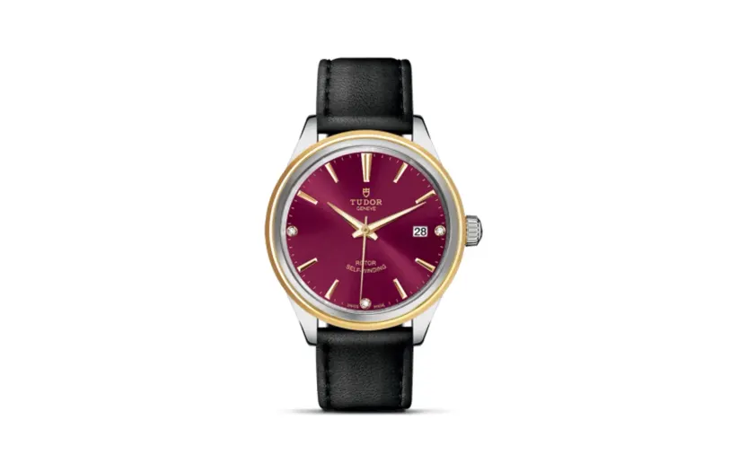 Tudor Style 38 Stainless Steel / Yellow Gold / Burgundy-Diamond / Strap