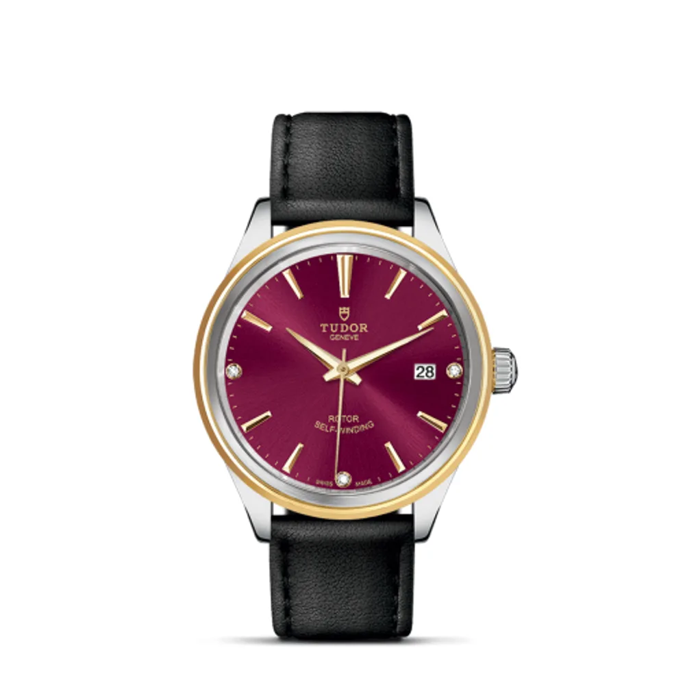 Tudor Style 38 Stainless Steel / Yellow Gold / Burgundy-Diamond / Strap