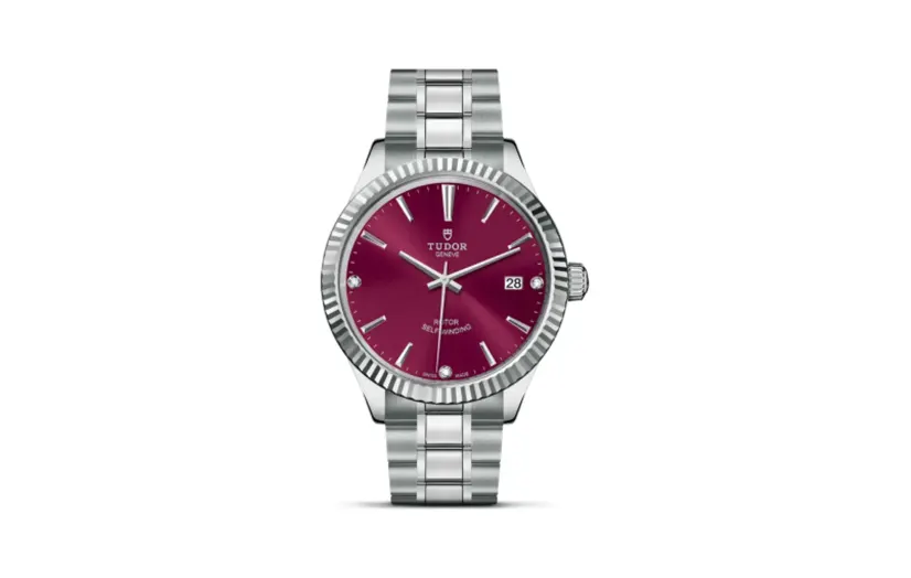 Tudor Style 38 Stainless Steel / Fluted / Burgundy-Diamond / Bracelet