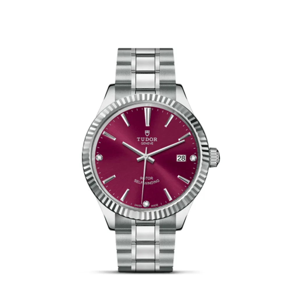 Tudor Style 38 Stainless Steel / Fluted / Burgundy-Diamond / Bracelet
