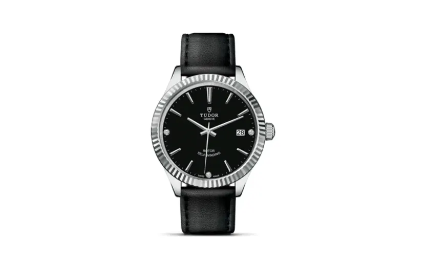 Tudor Style 38 Stainless Steel / Fluted / Black-Diamond / Strap
