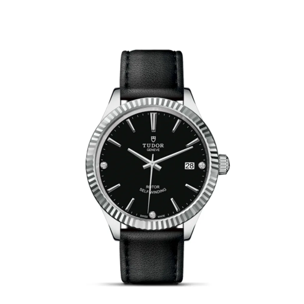 Tudor Style 38 Stainless Steel / Fluted / Black-Diamond / Strap