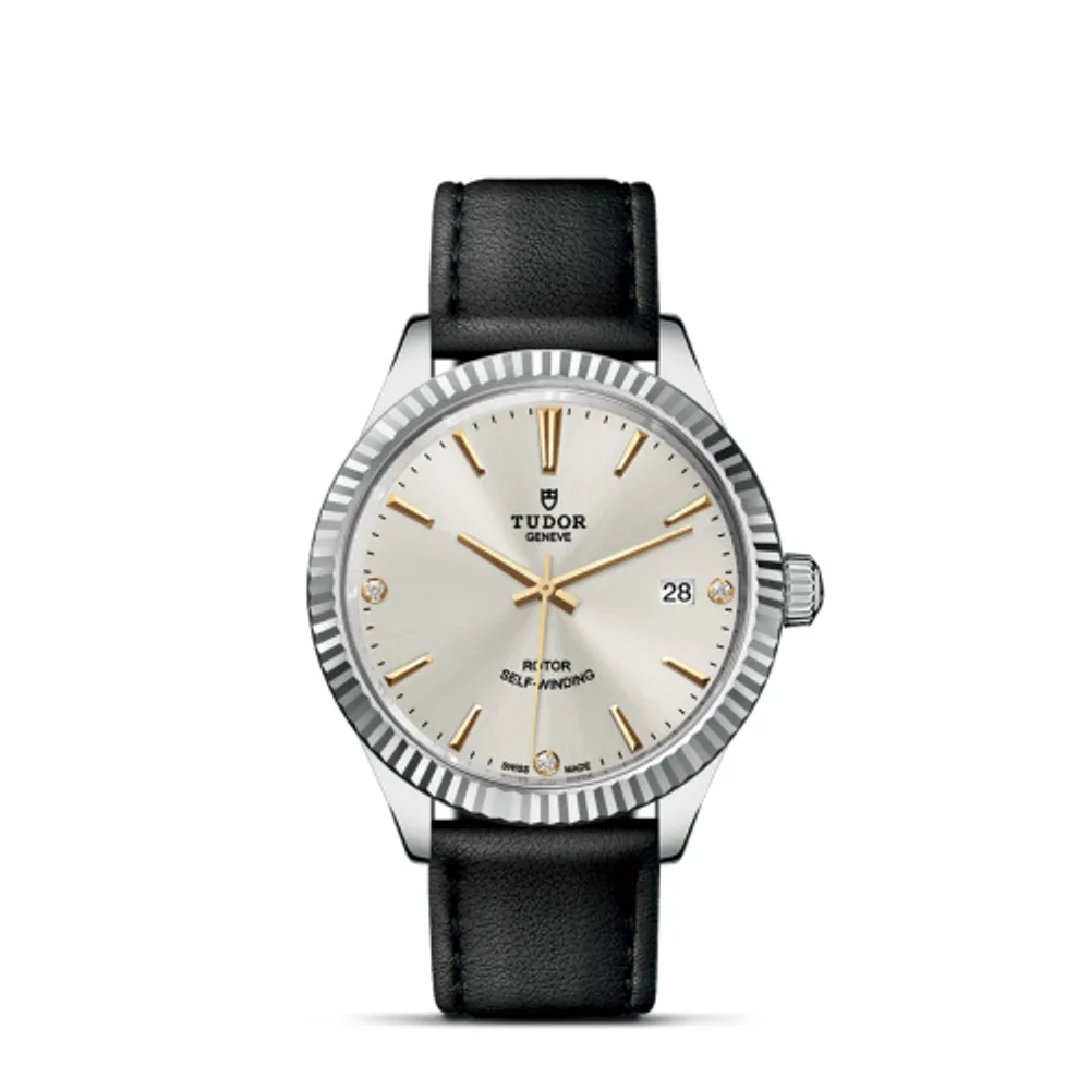 Tudor Style 38 Stainless Steel / Fluted / Silver-Diamond / Strap