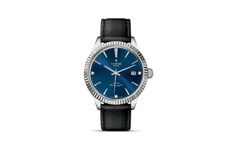 Tudor Style 38 Stainless Steel / Fluted / Blue-Diamond / Strap