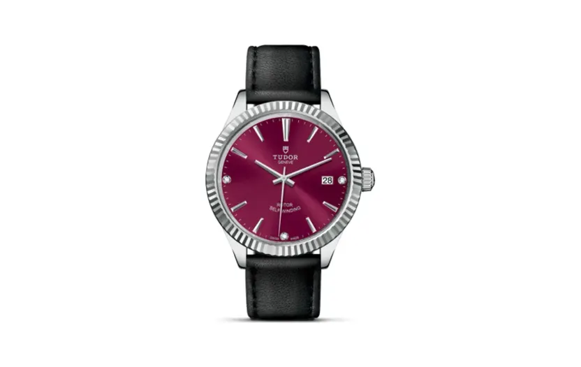 Tudor Style 38 Stainless Steel / Fluted / Burgundy-Diamond / Strap