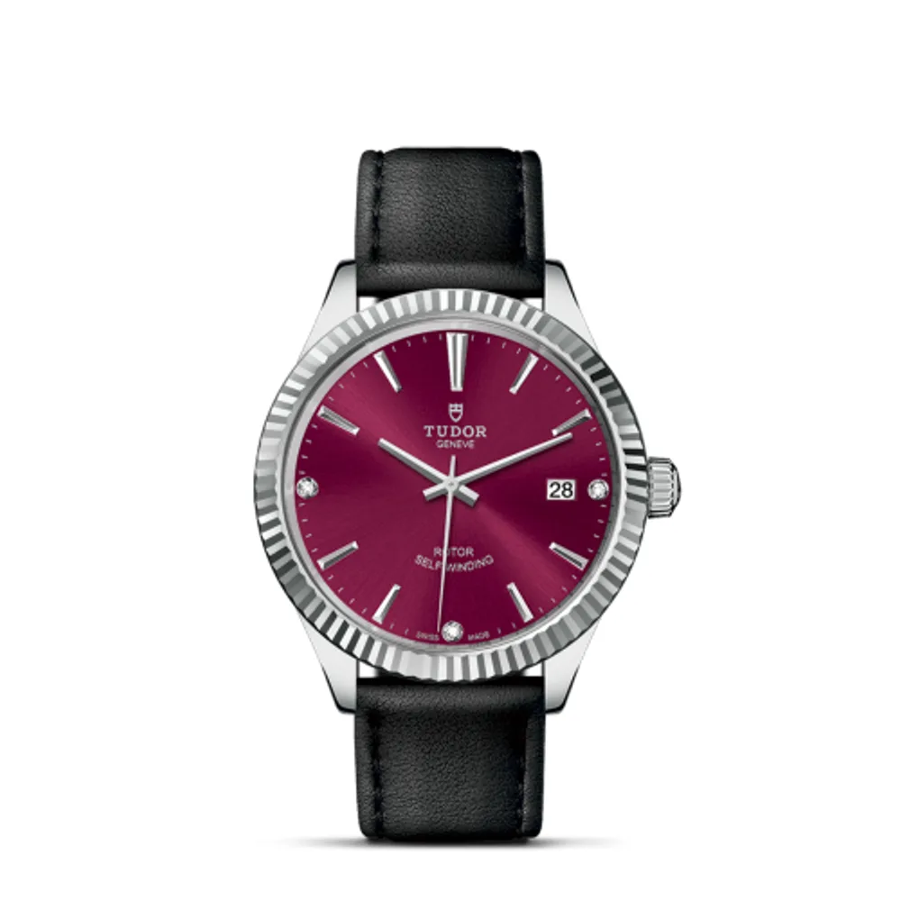 Tudor Style 38 Stainless Steel / Fluted / Burgundy-Diamond / Strap