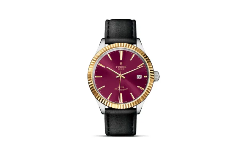 Tudor Style 38 Stainless Steel / Yellow Gold / Fluted / Burgundy / Strap