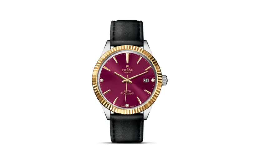 Tudor Style 38 Stainless Steel / Yellow Gold / Fluted / Burgundy-Diamond / Strap