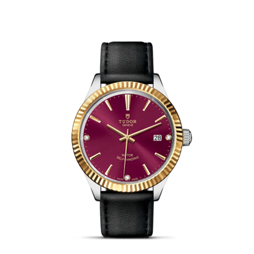 Tudor Style 38 Stainless Steel / Yellow Gold / Fluted / Burgundy-Diamond / Strap
