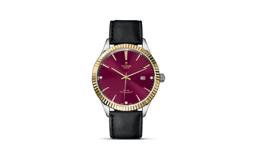 Tudor Style 41 Stainless Steel / Yellow Gold / Fluted / Burgundy-Diamond / Strap