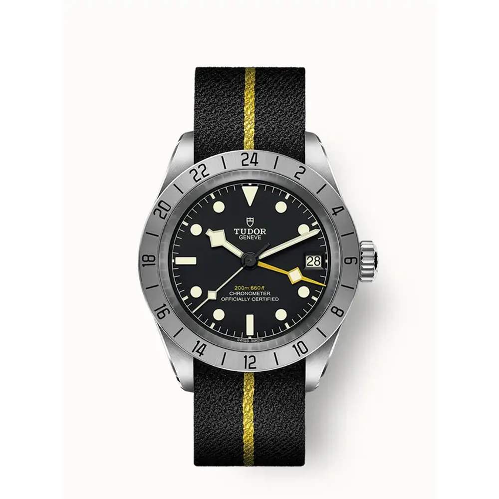 Tudor Black Bay Pro, 39mm steel case, Black fabric strap with yellow band